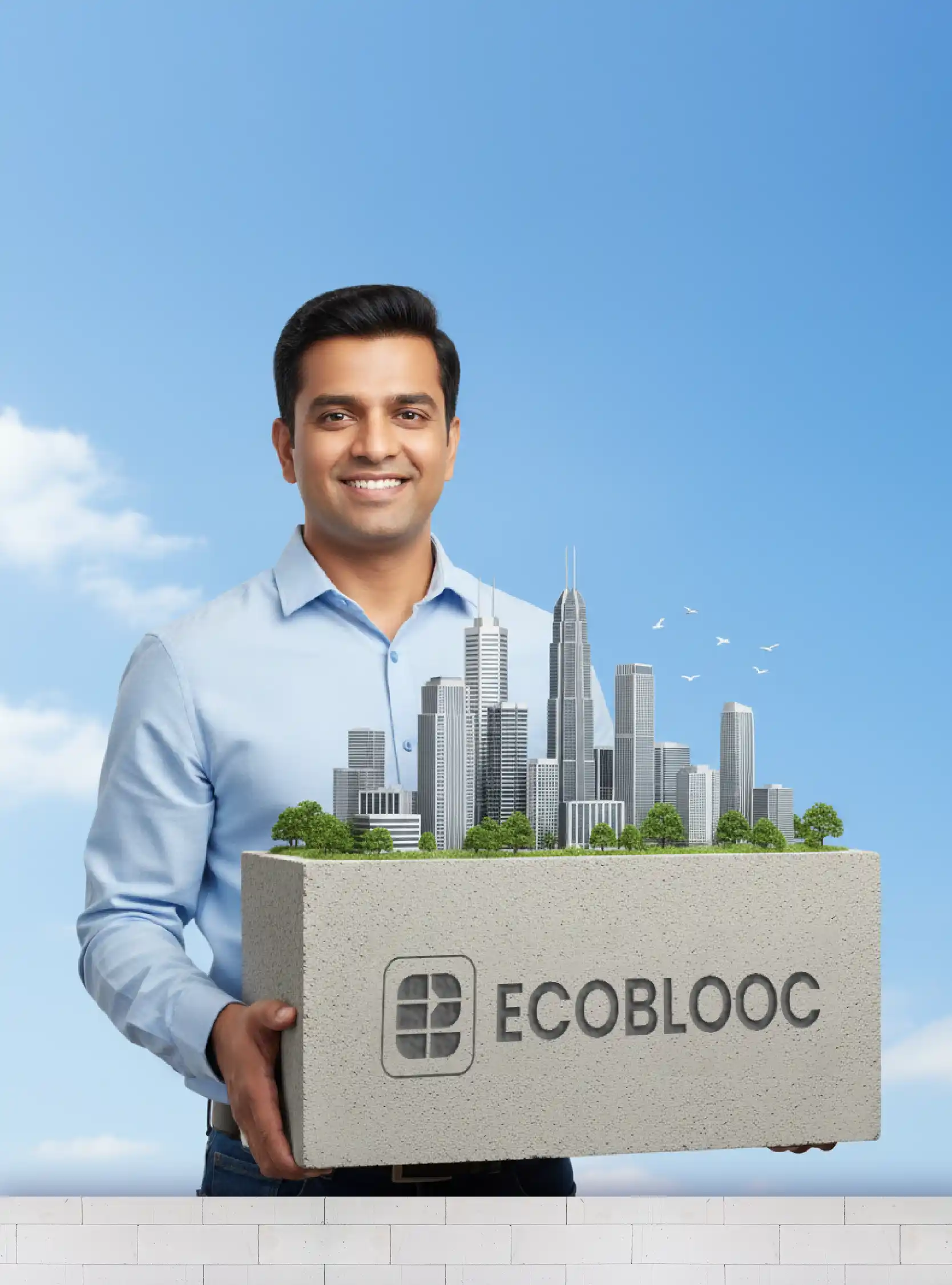 common man holding AAC Block in hand with confidence wearing shirt and jeans