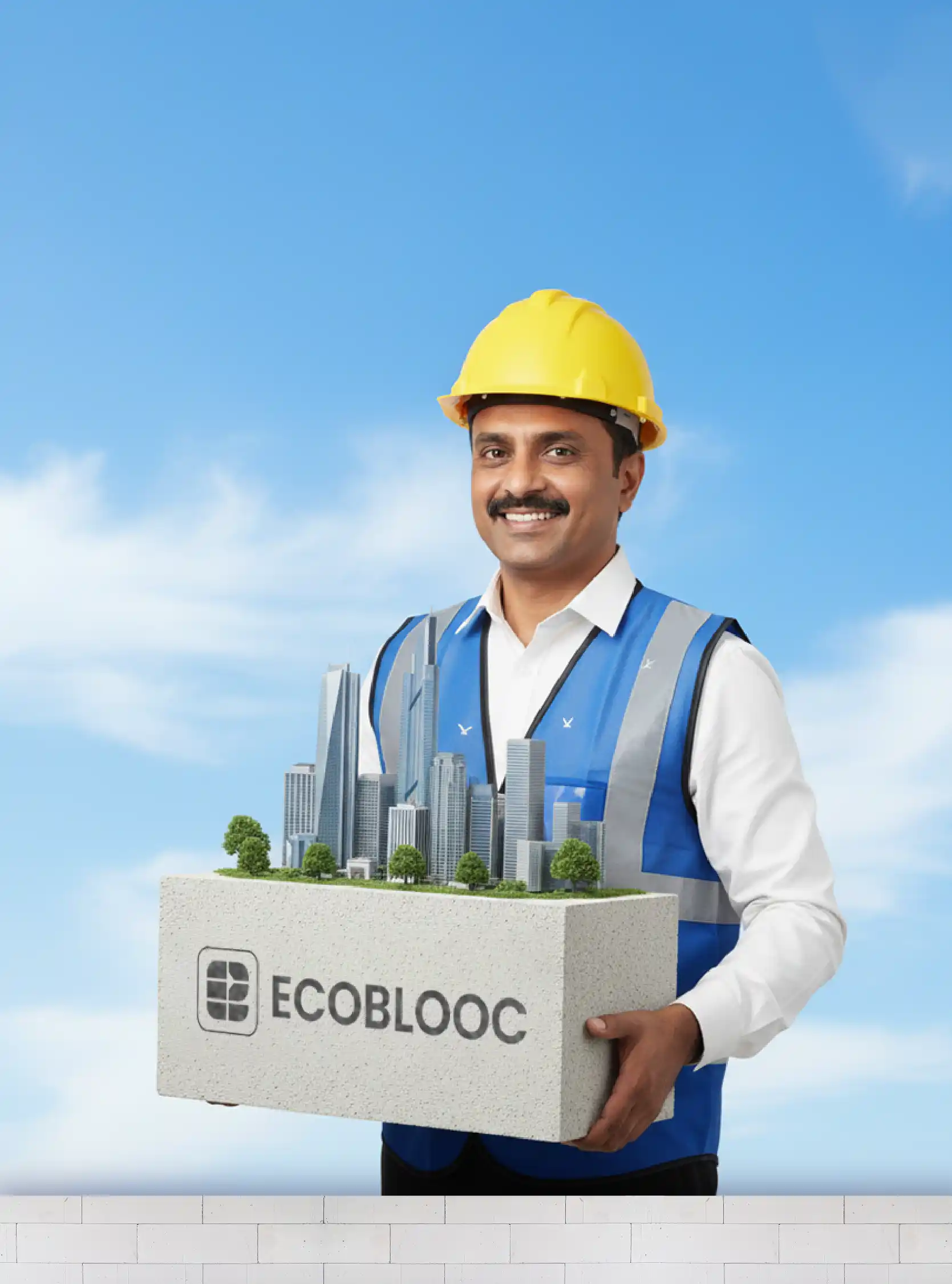 construction engineer holding AAC Block in hand with safety hat on head