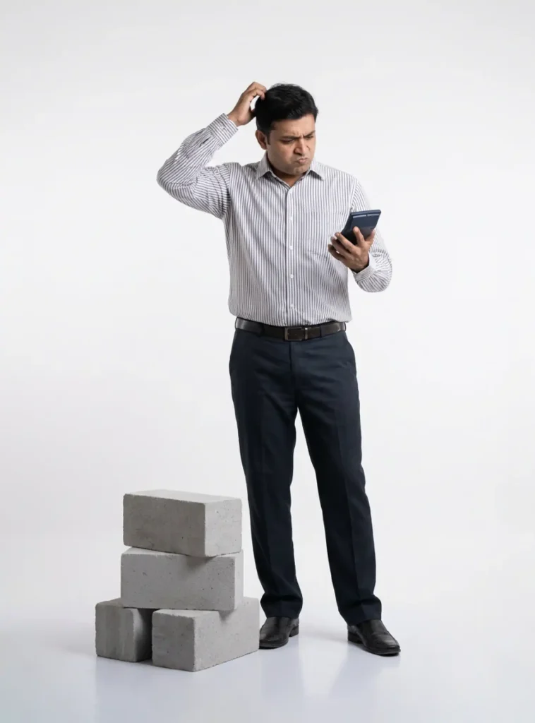 a man in formal standing with calculator in hand in confusion of how man aac blocks he requires